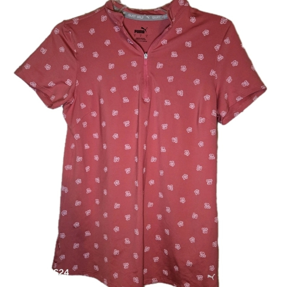 PUMA Women Golf Small Shirt Salmon Flower Short Sleeve Vneck‎ 1/4 zip